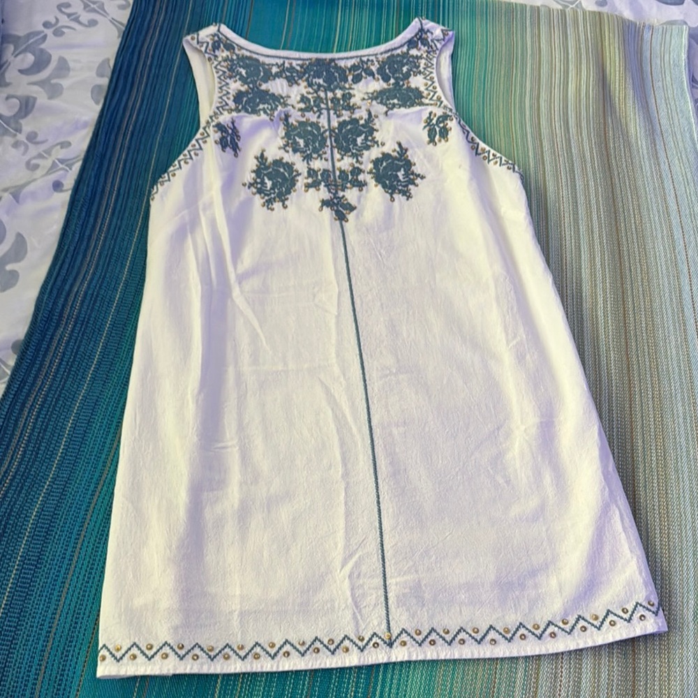 Free People Samson Ivory Mini Sleeveless Dress with Blue Embroidery